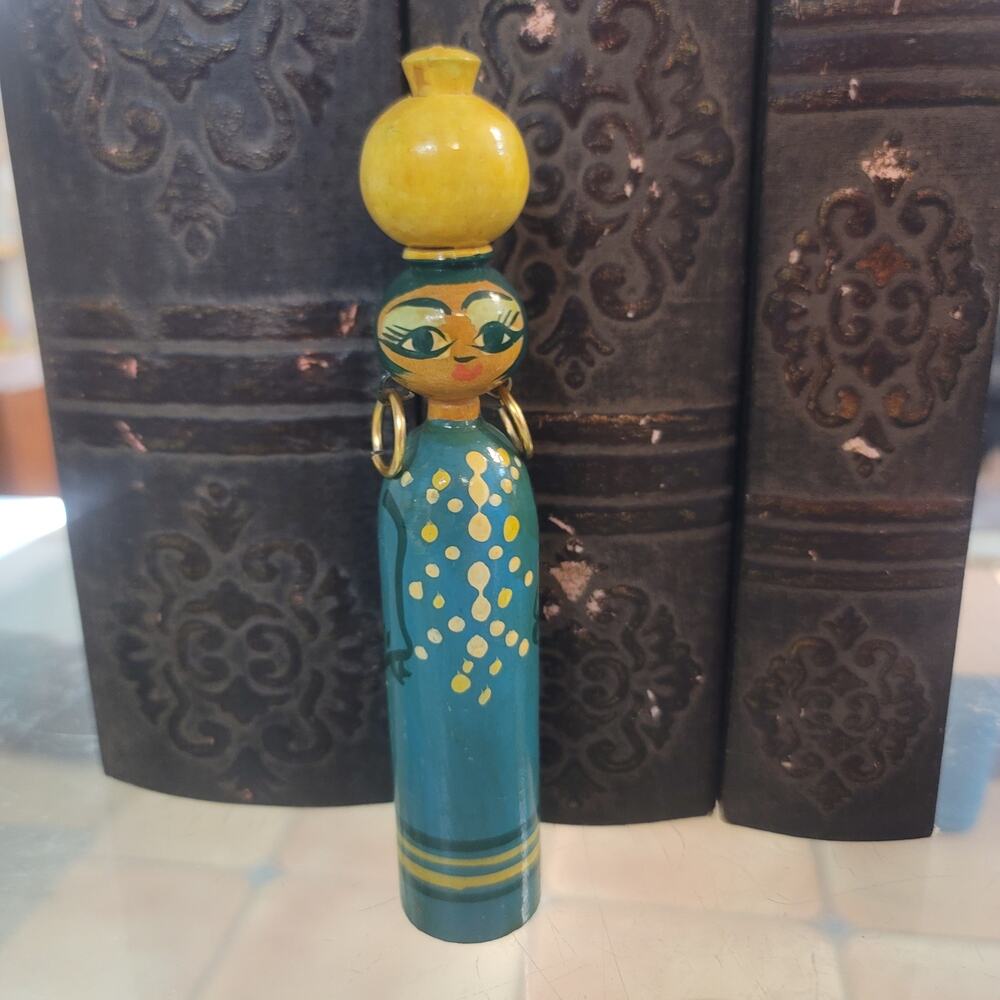 Vintage Egyptian Folk Art Wooden Doll Hand Painted 1970s Boho Decor Teal Yellow